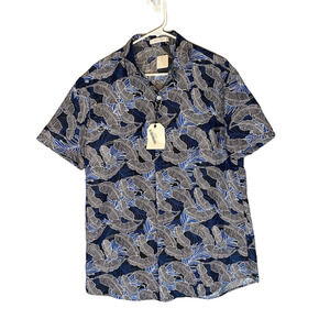 Cellabie Navy Blue Floral Cotton Blend Short Sleeve Button Front Shirt Men Sz XL